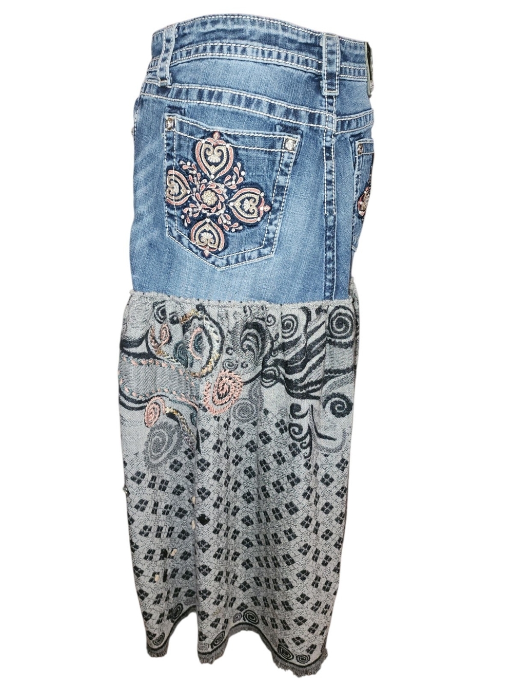 OOAK Upcycle Denim With Paisley Merino/Cotton Blend Scarf Maxi Skirt - Picture 3 of 10